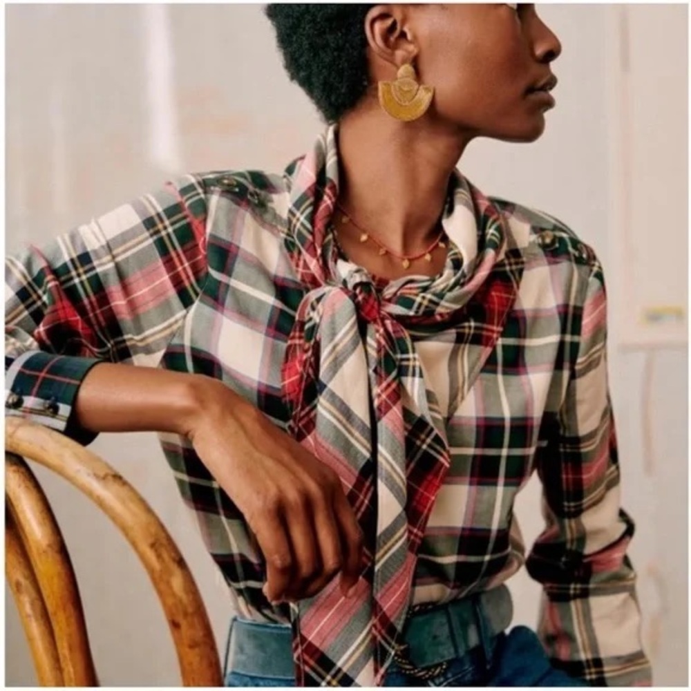 Sezane Darren Tartan Plaid Neck Tie Blouse